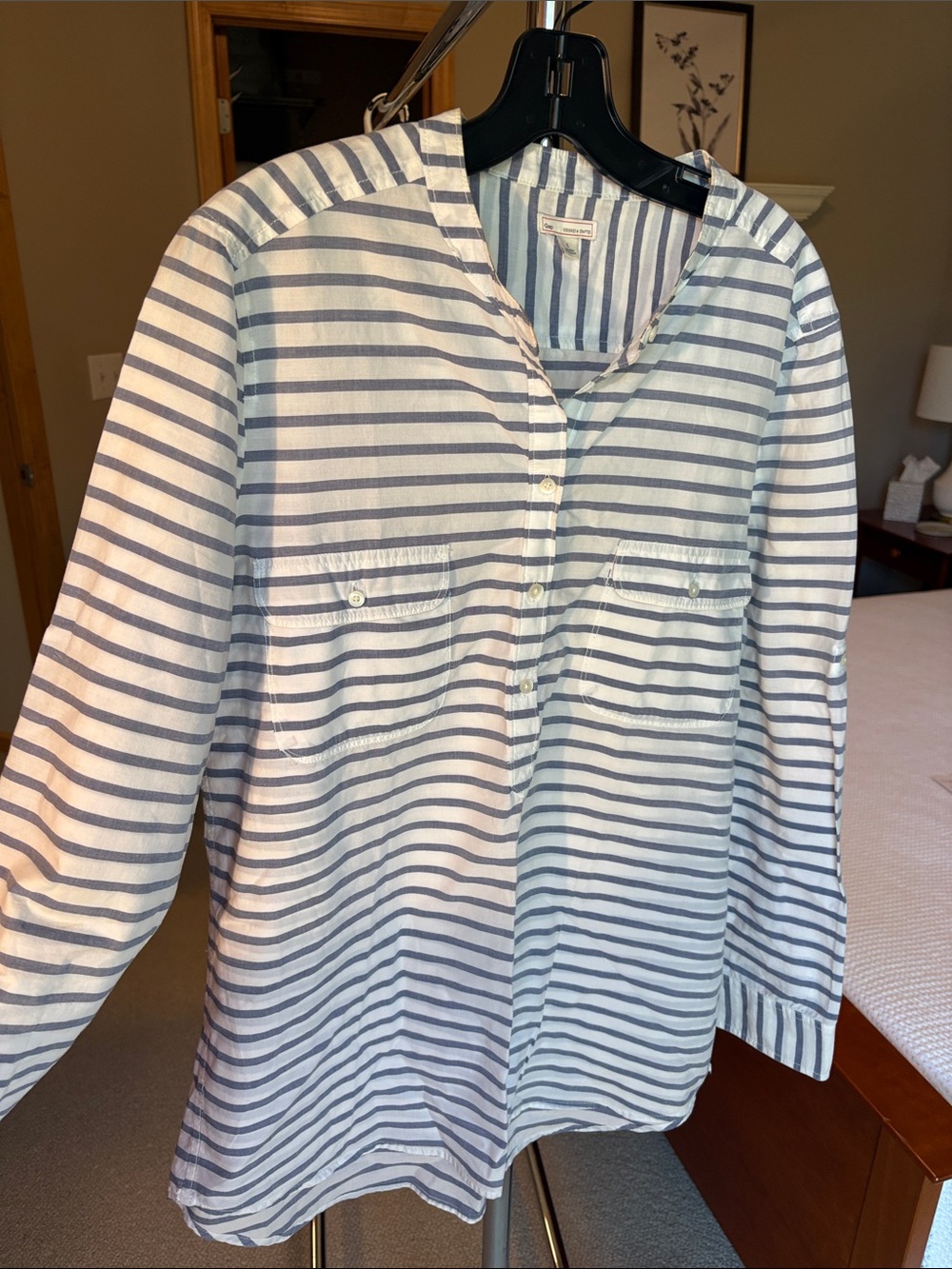 GAP White and Denim Blue Striped Collarless 1/2 Button-Down Tunic Shirt